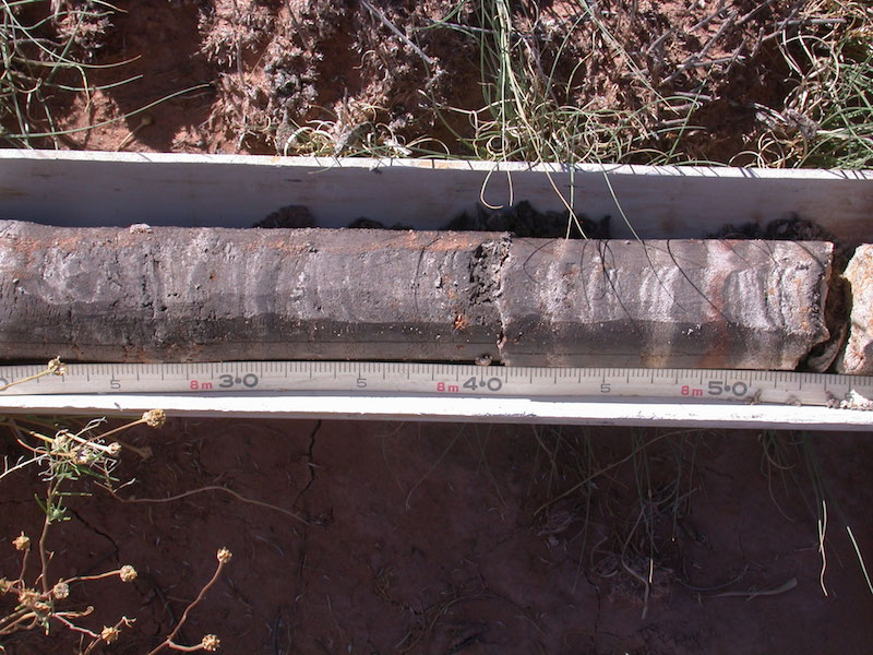 One of the cores taken in Chupadera Wash  showing the finely-laminated organic-rich mud, gypsite, and sand, here over 8 m below surface. This section of the core dates to ~10,000 RCYBP.