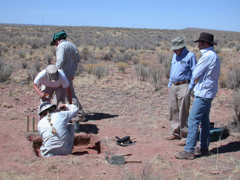 Excavation in the “swale” area. At right Bruce Huckell (far right) and Vance Haynes supervise.