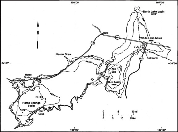 Map showing four stages of Pleistocene Lake San Augustin, Holocene playas (basins), and excavated archaeological sites (solid triangles). Oberline core (Clisby and Sears 1956) indicated by symbol labeled DH. Location of soil cores indicated by small dots.